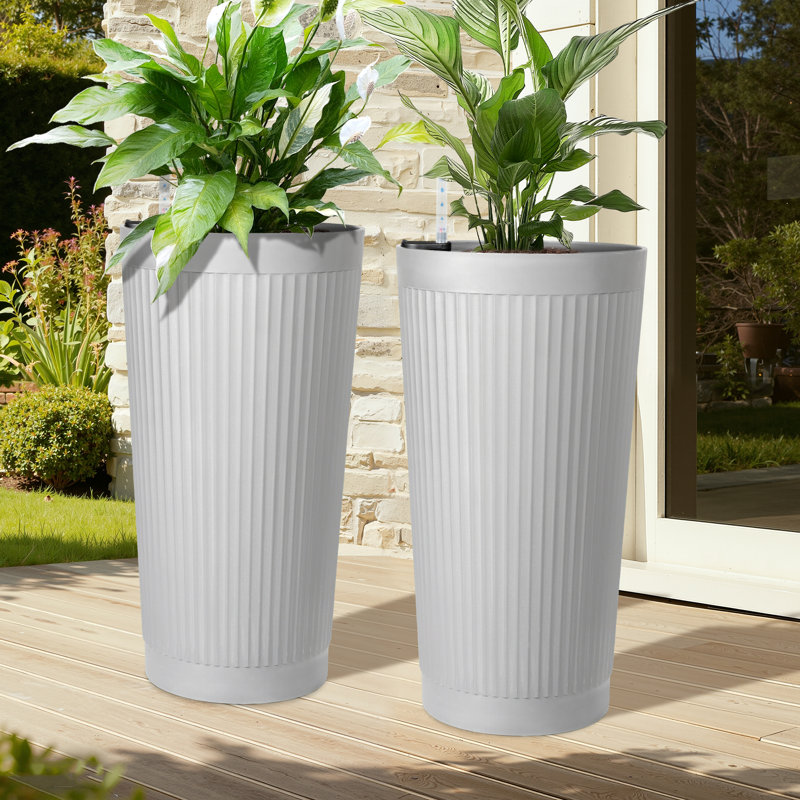 Grand pot de fleurs rond de 24 po de hauteur, pot de fleurs en plastique très grand rayé pour plantes d'intérieur et d'extérieur, pot de fleurs décoratif pour patio, porche et décoration intérieure