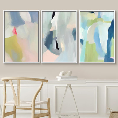 Abstract Abstract Strokes Vibrant Pastel Paint Stroke Collage Shapes Illustration - ensemble de 3 impressions sur cadre flottant