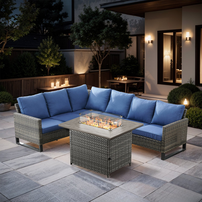 Ensemble de mobilier de patio extérieur avec table de foyer, ensemble de conversation en osier avec canapé en forme de L, canapé d'extérieur très profond