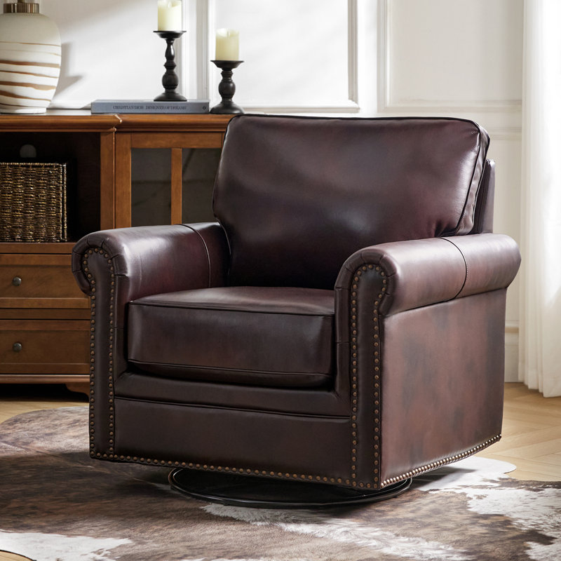 Auer Traditional Genuine Leather Swivel Rocker Chair, Espresso