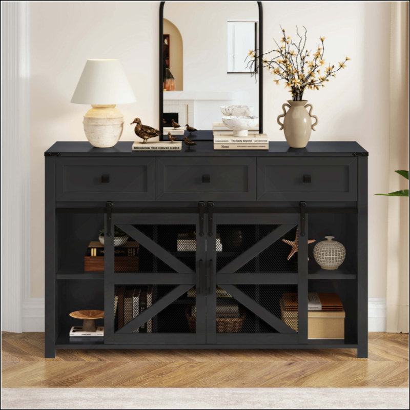 Sliding Barn Door Sideboard Buffet Cabinet With 3 Drawers, Adjustable Shelves, Metal Mesh & Particleboard Doors, Aluminum Handles, Industrial Storage For Living Or Dining Room