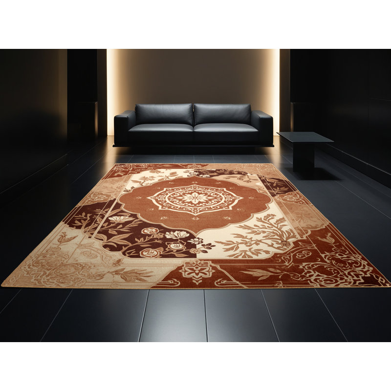 Machine Washable Osiyo Traditional Oriental Rug in Brown – LightBrown Binding, 5x7