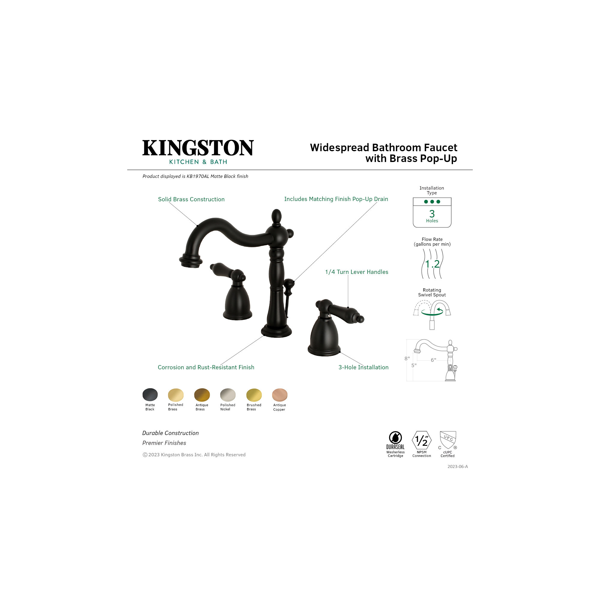 Kingston Brass Heritage Two-Handle 3-Hole Deck Mount Widespread Bathroom Faucet with Pop-Up Drain, Vintage Brass