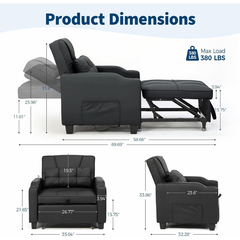 GarveeHome Sleeper Chair Pull Out Bed, 4 in 1 Convertible Sofa Chair Bed with Plug-in Vibration Massage Lumbar Pillow, Single Sofa Recliner Bed with USB/Type-C Port, Cup Holders and Side Pocket for Small Spaces