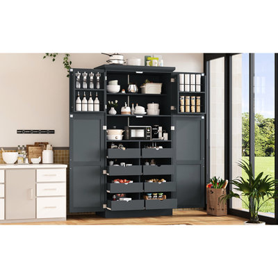 35.5X17.6X70.9Inch Kitchen Pantry With 4 Long Handles, 8 Slide - Out Trays, And 2 Door Shelves, Gray Cabinet Pull