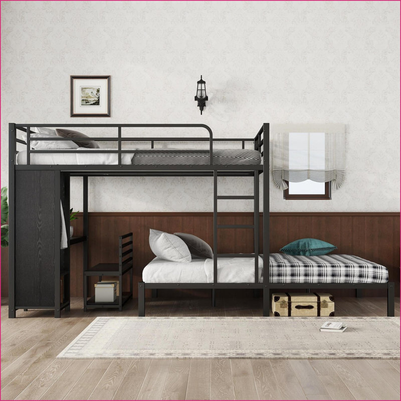 Queen Over Queen Metal Bunk Bed with Built-in Wardrobe, Desk &amp; Storage Chair, Black Space-Saving Design