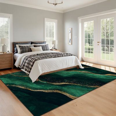 10x14 Area Rugs for Bedroom Abstract Emerald Green Gold Marble Waves Fluid Artistic Boho Washable Rug for Living Room Carpet for Dining Room Soft Rubber Backed Non-Slip Carpets for Nursery Office