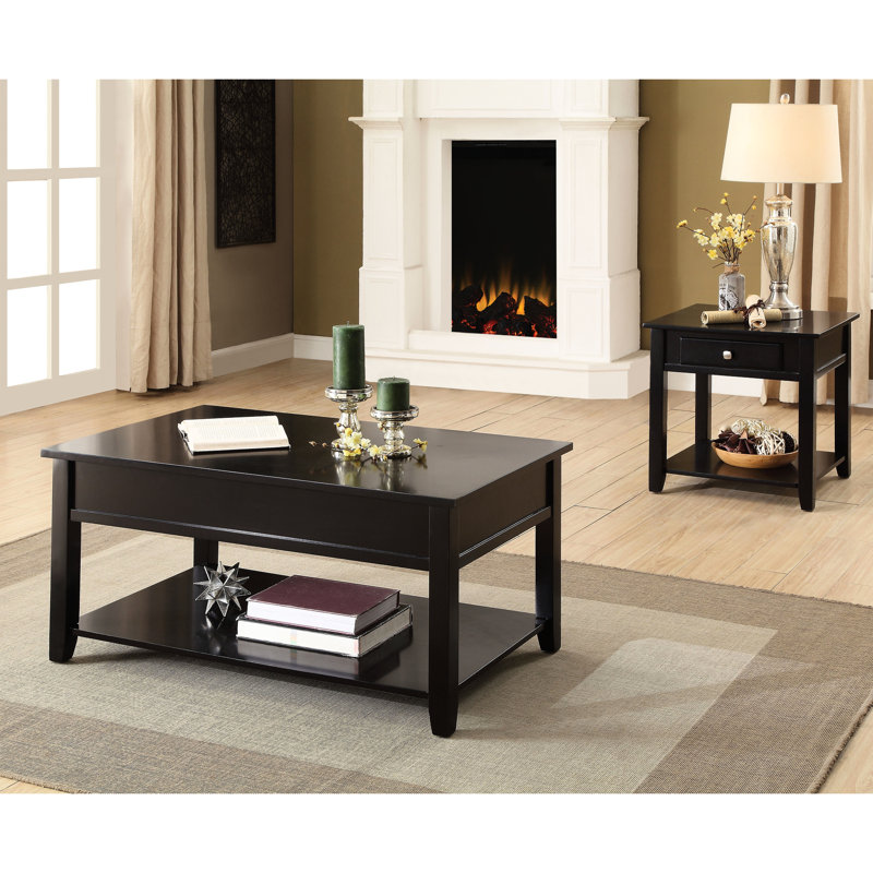 Table basse à plateau relevable noir avec rangement pour télécommandes et plus de tablettes rectangulaires
