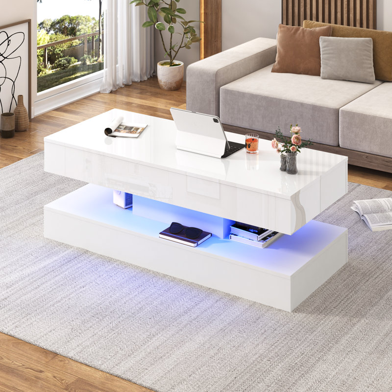 Table basse à plateau relevable de 47,3 po avec lumières DEL RVB APP, station de charge USB et CA, table de rangement haute brillance réglable en hauteur pouvant supporter 180 lb