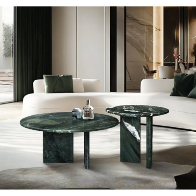 Table basse en marbre naturel - mobilier de luxe facile à assembler pour le salon, ronde polie avec veines attrayantes, fine de 70 cm et 45 cm