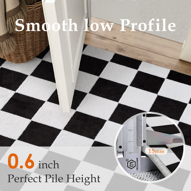 Black & White Jacquard Checkerboard Area Rug With Non-Slip Backing, Rectangle 6' x 9', Black/White