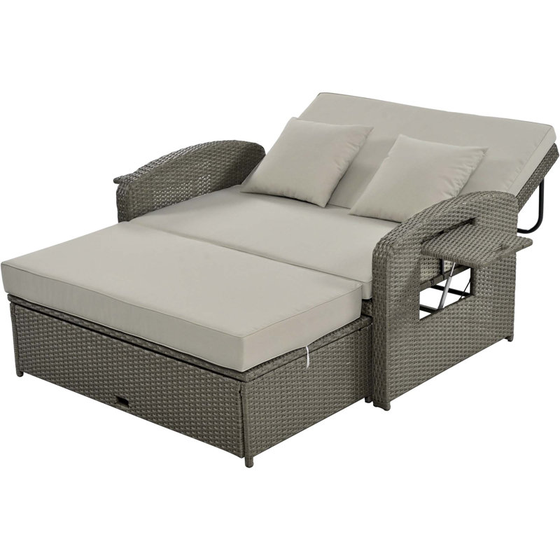 Wicker Rattan Double Chaise Lounge, 2-Person Reclining Daybed With Adjustable Back And Cushions, Free Furniture Protection Cover