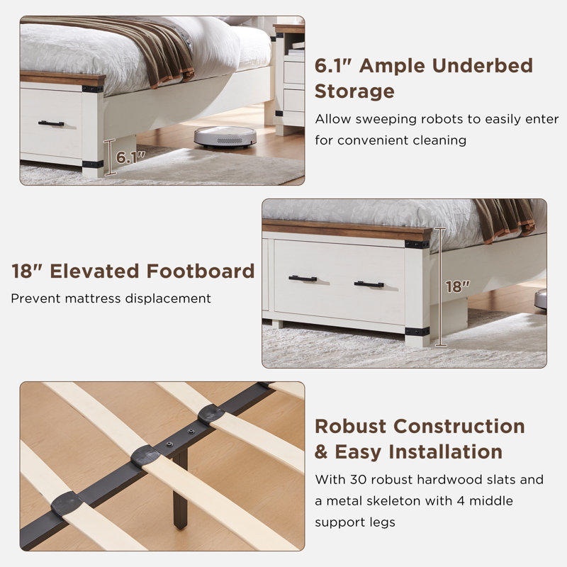 Dazjah Farmhouse Platform Bed Frame With 54"W Tall Geometric Headboard & Large Storage Space, King