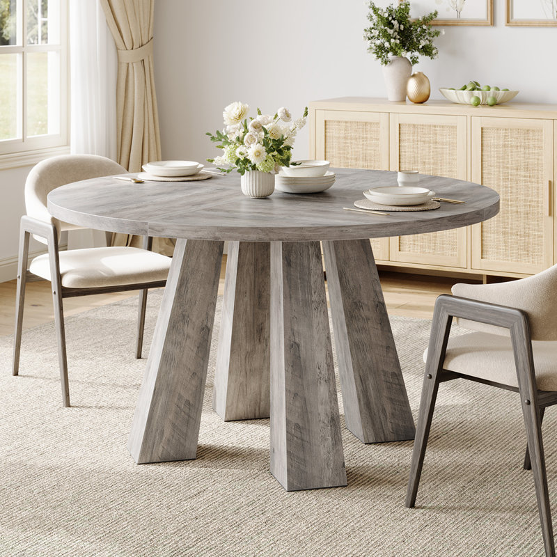 Round Dining Room Table for 4-6, 47" Wood Kitchen Table with Sturdy Base, Farmhouse Circle Dinner Table for Living Room, Apartment, 4 Strong Legs, Only Table, Gray