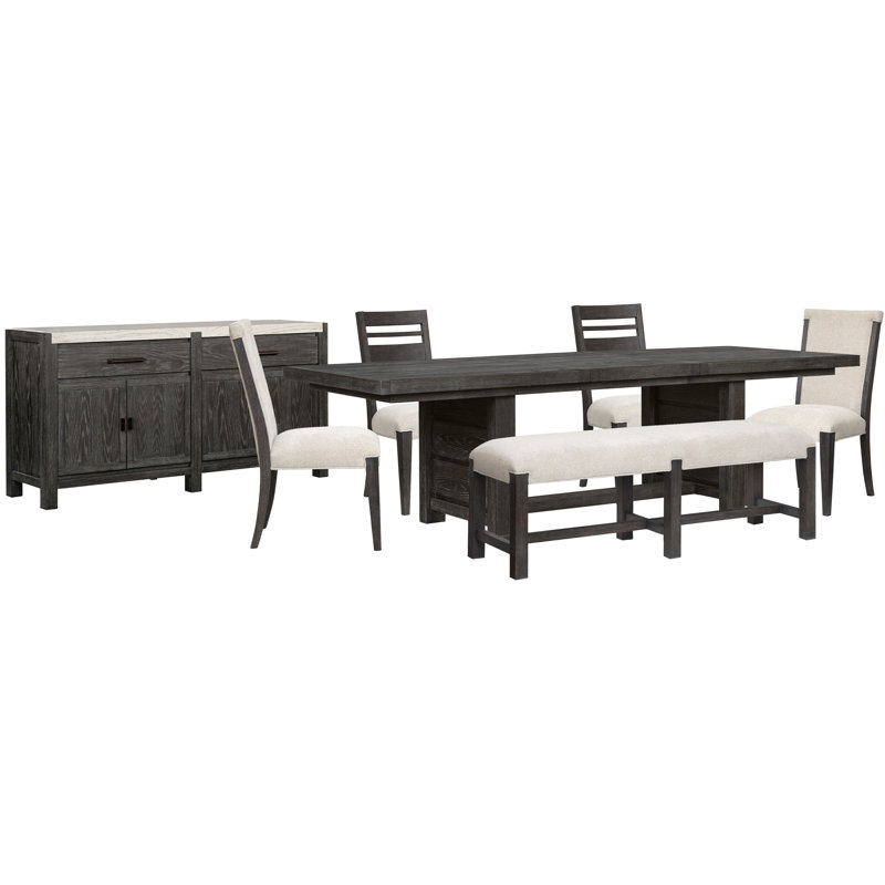 Extendable Trestle Dining Table With 2 Side Chairs 2 Upholstered Side Chairs Bench And Sideboard