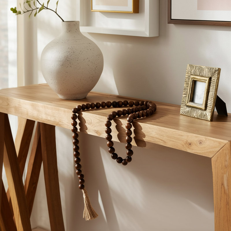 Decorative Bead Garland Mango Wood Natural Handmade Tassel Accent Stylish Contemporary Versatile Strand for Rustic Modern Farmhouse Inspired Decor