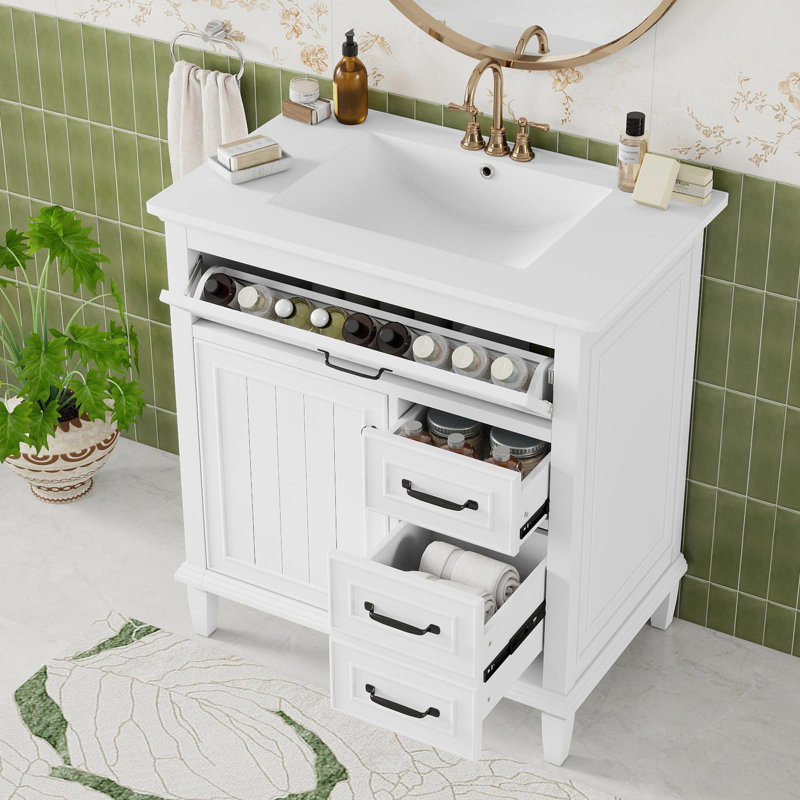 Meuble-lavabo de 30 pouces avec lavabo et rangement multifonctionnel, Blanc/Noir, 30"
