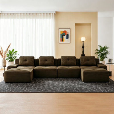 153 Inch U-Shaped Corduroy Sectional Couch, 4-Seater Modular Sofa with Deep Seat, 2 Detachable Ottomans, Pearl Edge Piping, Tufted Accent, Non-Slip Design, No Assembly Needed for Home