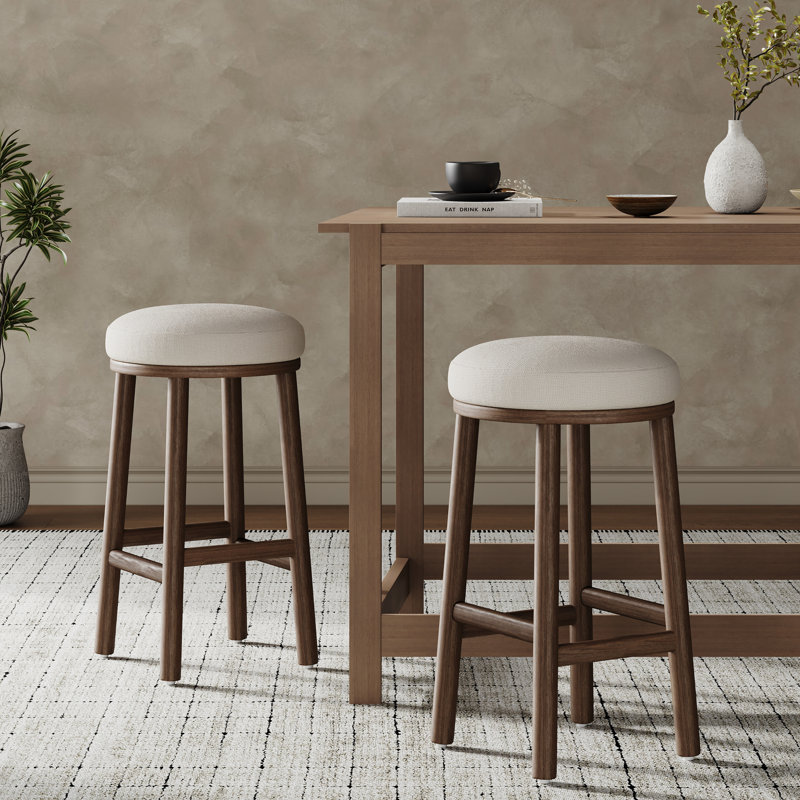 Donald 27.36" Seat Height Rubberwood Counter Stools With Cushioned Seat, Walnut, 4, Beige