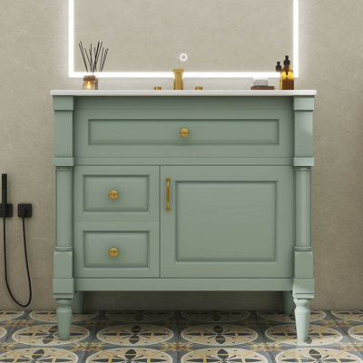 36" Bathroom Vanity Cabinet, Ceramic Basin Included, Flip Drawer