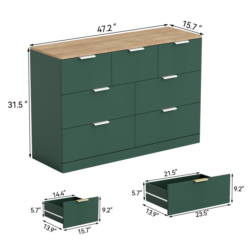 Commode 7 tiroirs pour la chambre à coucher, commode moderne de 47,2 po de largeur avec 7 grands espaces de rangement à bords arrondis, grande commode avec poignées en métal pour la chambre à coucher, vert et brun