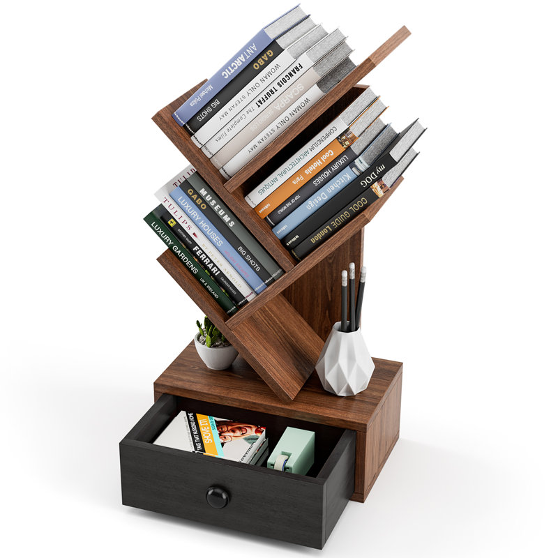 24''H X 12''W 5-Tier Bashan Geometric Storage Bookcase, Brown