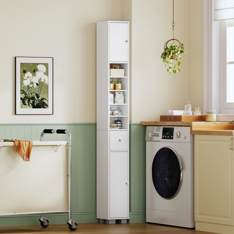 Armoire de rangement étroite pour salle de bain avec tablettes réglables et tiroir, armoire de salle de bain haute H 71 po, armoire de rangement mince pour petits espaces, blanc