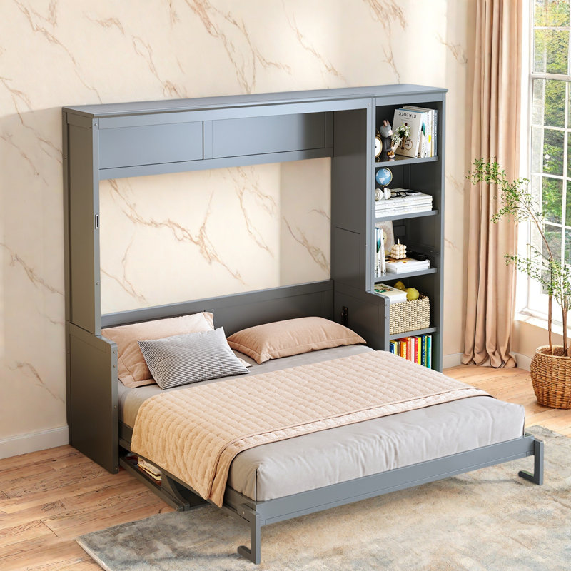 Lit escamotable avec bureau et tablettes Murphy, Gris, Grand lit