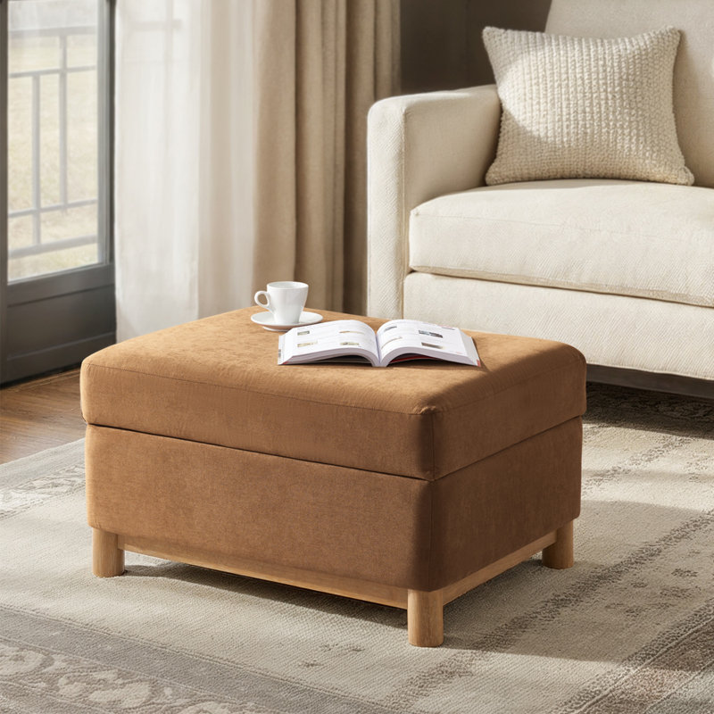 Elan Modern 30.25"W Rectangular Chenille Storage Ottoman with Reversible Flip-Top Coffee Table Tray, Caramel