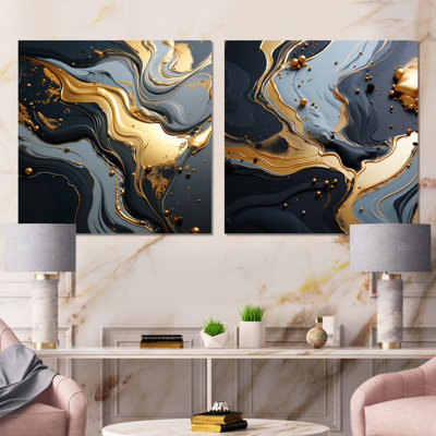 Gold And Grey Volcano Fusion I - Abstract Marble Metal Prints Square Set Of 2