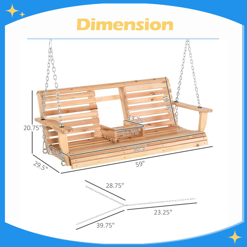 Balancelle de patio en bois 3 places avec porte-gobelet pliable