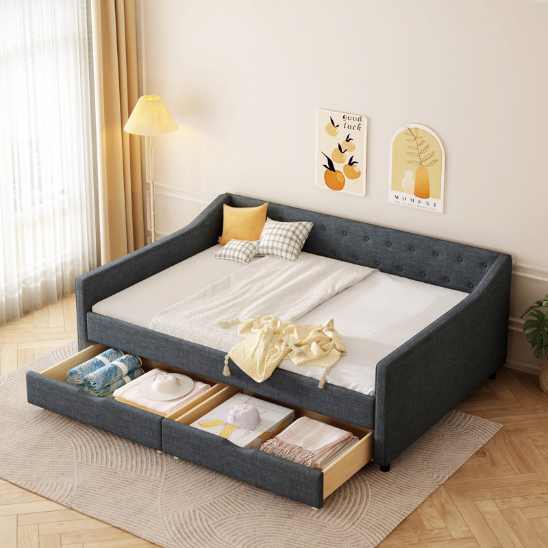 Daybed With Drawers, Upholstered Bed With Button Tufted Design And Arms, Full/Double, Dark Gray