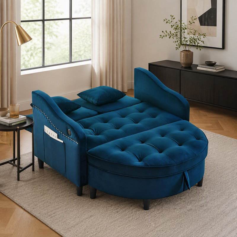 Canapé deux places avec repose-pieds incurvé avec rangement et port USB, dossier réglable et poches latérales, livré avec deux petits coussins décoratifs, idéal pour le salon, bleu