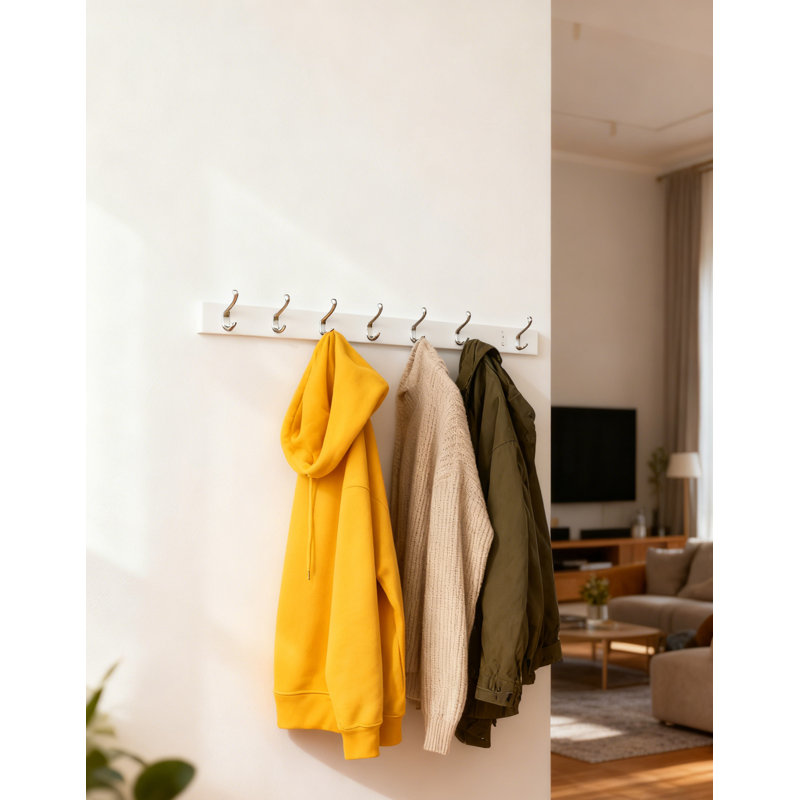 Modern Wall Mounted Coat Rack With 8 Storage Hooks,White,Rectangular Design