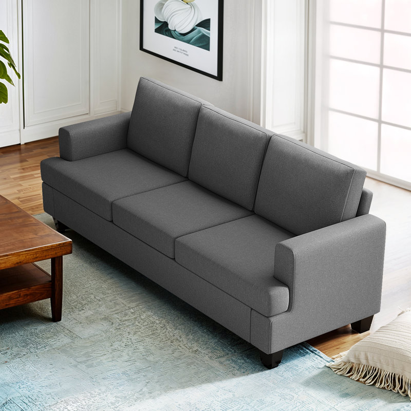 Morden Standard Upholstered Minimalist Linen 3 Seaters Sofa, Dark Gray, 29.13" H x 84.65" W x 32.28" D