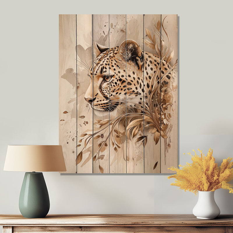 Charmant portrait de léopard - Art mural en bois animal léopard / guépard sur bois de pin naturel, H 44 po x l 34 po