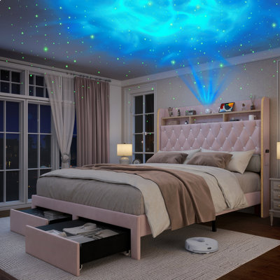 Galaxy Aurora Bed Frame with 2 Storage Drawers and Diamond Tufted Upholstered Storage Headboard