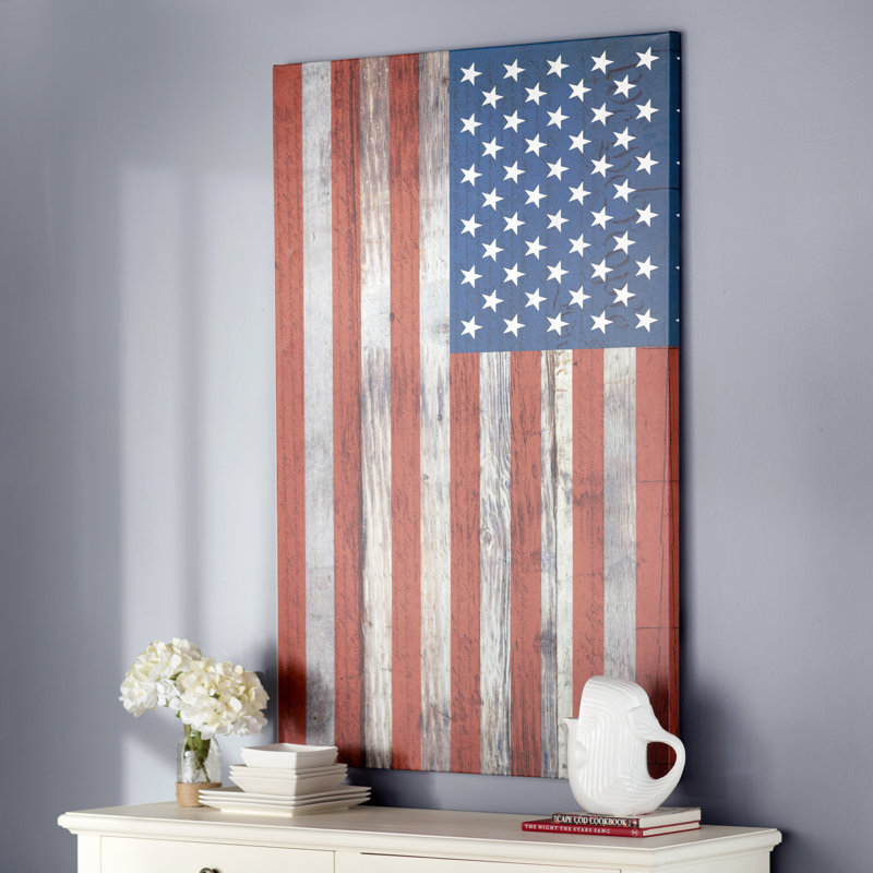 Drapeau des États-Unis sur planches de bois U.S., H 40 po x l 60 po x P 1,5 po, Toile encadrée de bois rustique foncé