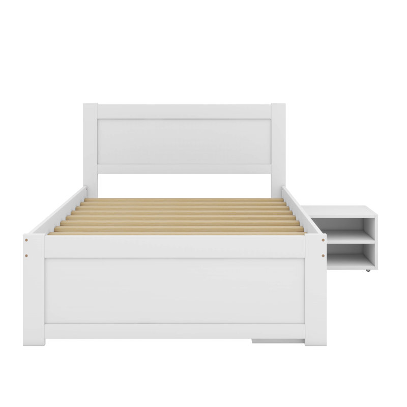 A Full-Sized Platform Bed With A Drawer And Two Shelves Incorporated, White