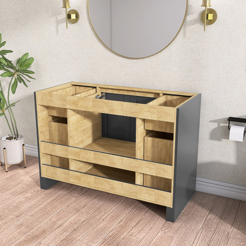 Solid Wood 48" Single Bathroom Vanity Set With Solid Surface Countertop,Pre-Assembled Bath Cabinet Dark Gray