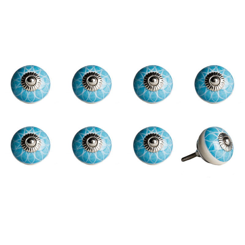 Set of Eight Aqua And White Floral Ceramic Drawer Pull Knobs