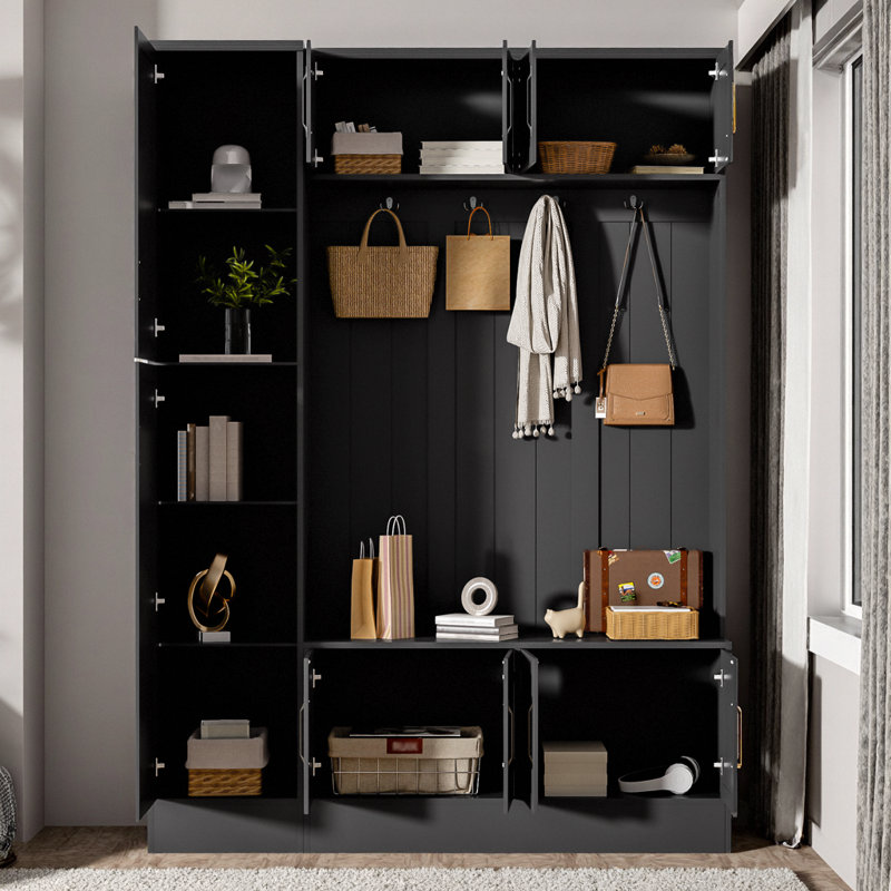 Tall Modern Hall Tree With Shoe Storage, 4-In-1 Entryway Bench, 6 Cabinets, 4 Coat Hooks & Adjustable Shelf For Efficient Organization
