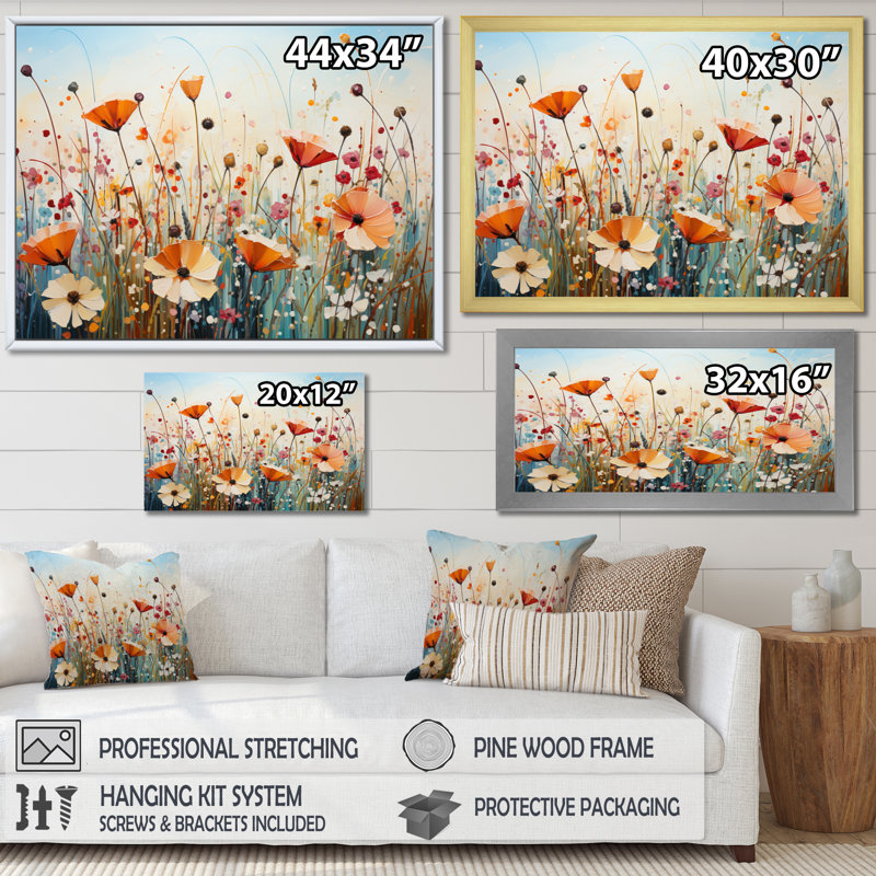 «Wildflowers Field Pointillism Dot II», reproduction d'art sur toile, 34" H x 44" W, Cadre flottant doré