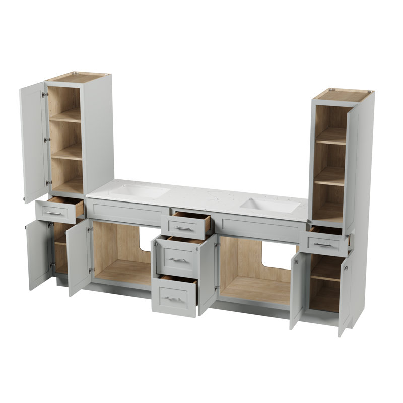 Meuble-lavabo double autoportant de 105 po avec deux armoires à linge hautes, comptoir en quartz de Carrare, 5 tiroirs, Gris