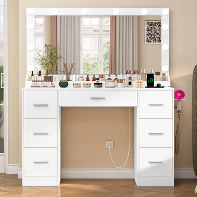 Coiffeuse de maquillage avec grand miroir et 7 tiroirs, support pour sèche-cheveux, bureau de coiffeuse avec station de charge, blanc