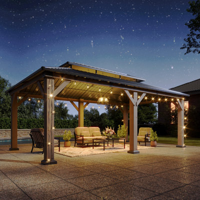Pavillon de jardin en cèdre à toit rigide 20 'x 10' avec double toit en acier galvanisé pour patio, cour et terrasse
