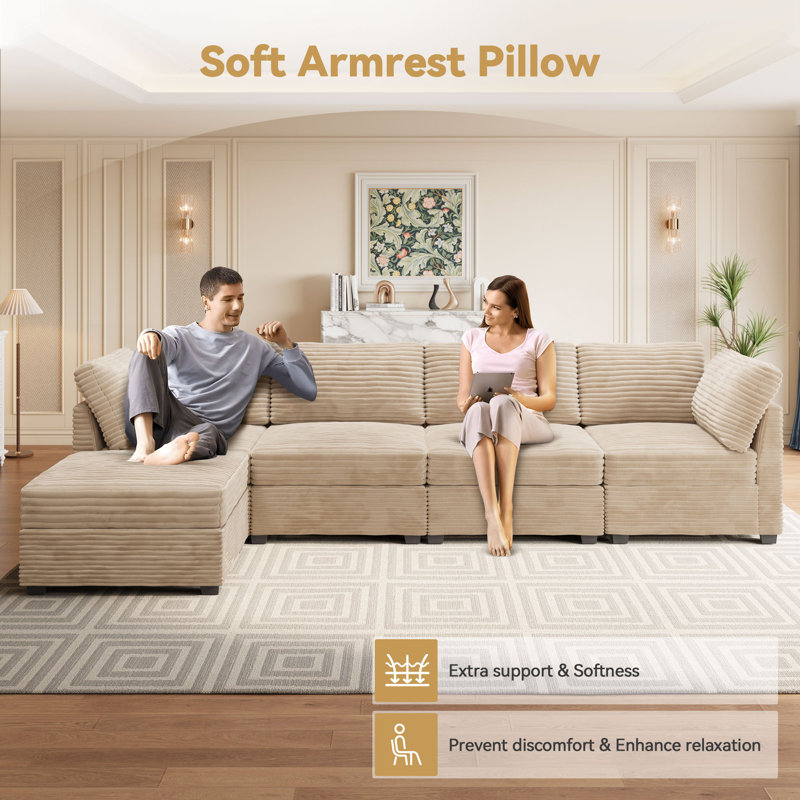 Cloudelle 5 - Piece Corduroy Fabric Sectional, Beige Corduroy