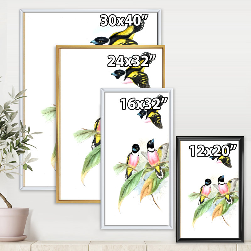 Oiseaux d'époque III - peinture sur toile, H 20 po x l 12 po x P 1po, Cadre flottant doré