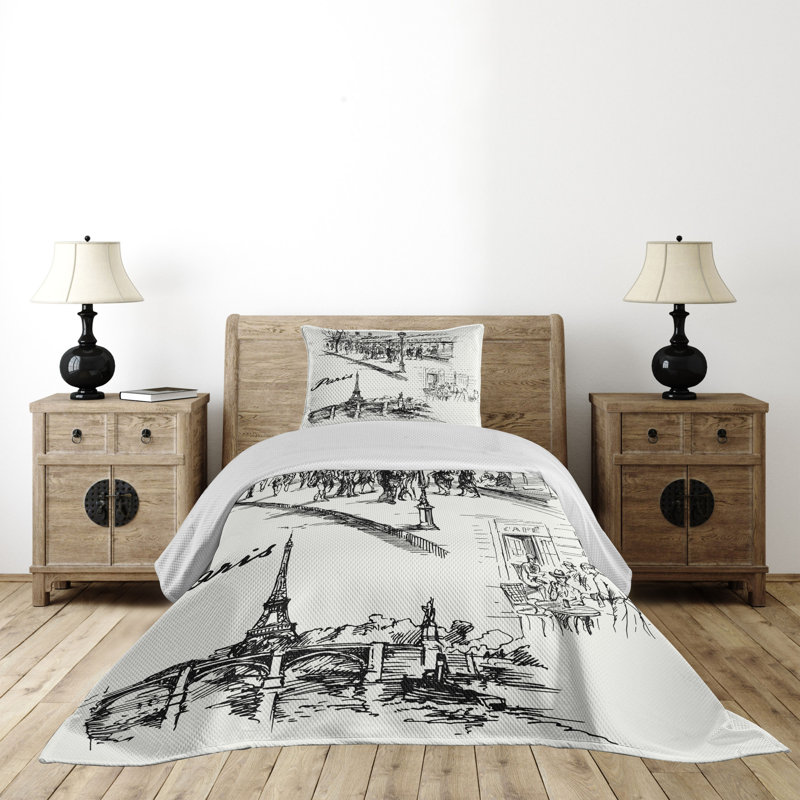 White Microfiber Twin Paris-Themed Quilted Bedspread Set