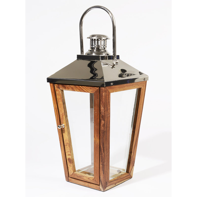 Beach Day Over-Sized Stainless Steel and Sheesham Wood Modern Pillar Candle Lantern, 24.75" H x 10.25" W x 10.25" D